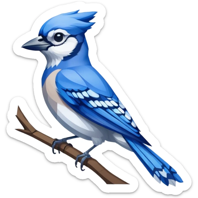masterpiece, best quality, isolated, die-cut sticker design of a blue jay bird with a white outline, hand-drawn, detailed illustration, low-poly, high resolution, 32k resolution sticker design, gray background. 300 dpi, no emoji faces, no emoji icons sticker