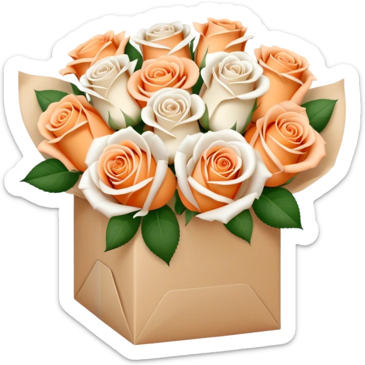 Bouquet of pastel orange and white roses in a paper package sticker