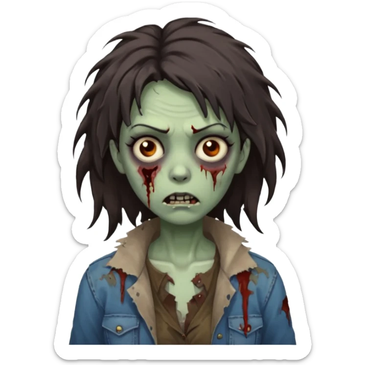Zombie woman with wavez, dark brown long hair (not thick or voluminous sticker