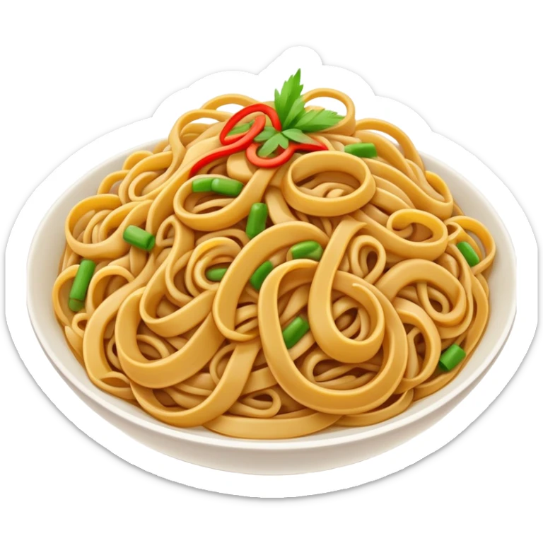 Shanghai Fried Noodles with thick chewy texture, simplified emoji style with bold outlines and bright colors, cartoon style stir-fried Shanghainese Cu Chao Mian sticker