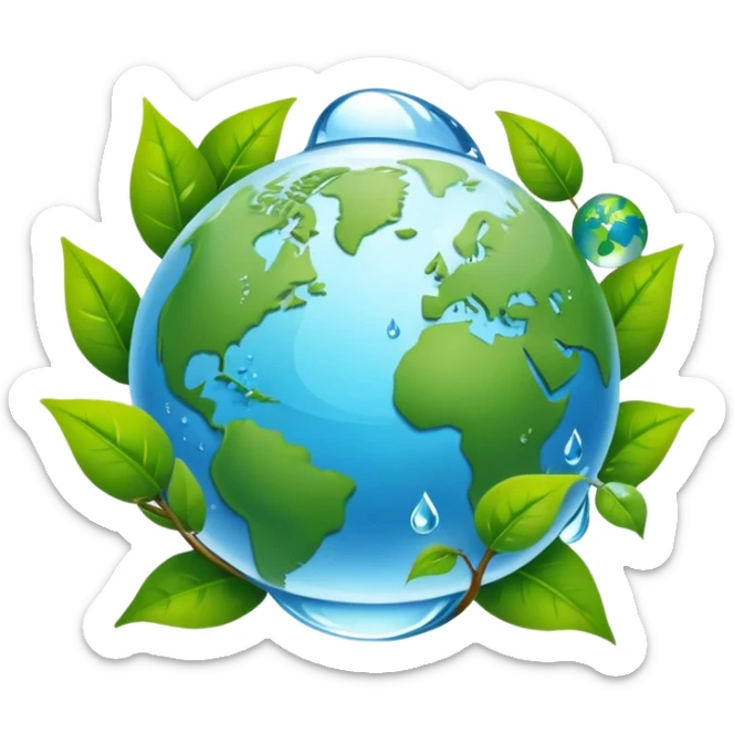 An icon featuring a globe with green leaves, a recycling symbol, and a water droplet, symbolizing ecology. The design includes trees, animals, and renewable energy icons, representing the study of ecosystems, environmental protection, and sustainability. Transparent background sticker