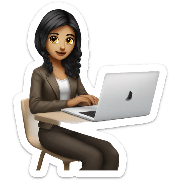 Beautiful programmer girl with black hair and brown highlight streaks hair working with MacBook, with brown eyes  sticker