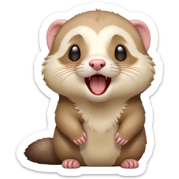 Cinematic Cute Yawning Ferret Portrait Emoji, Head tilted slightly with an exaggerated, wide-open yawn, showcasing a long, flexible body with a plush coat in soft brown and cream, droopy, drowsy eyes, and a relaxed expression, Simplified yet irresistibly endearing features, highly detailed, glowing with a soft, cozy natural glow, high shine, relaxed yet expressive, stylized with a dash of whimsical charm, soft glowing outline, capturing the essence of a sleepy yet affectionate ferret that seems ready to curl up for a nap! sticker
