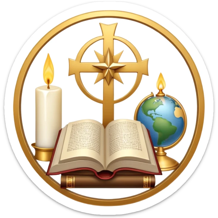 An icon featuring a holy book, a candle, a cross, and Islamic crescent and star, alongside a Buddhist wheel of Dharma, symbolizing religious studies. The design includes a globe with these symbols, representing the diversity of beliefs. Transparent background  sticker