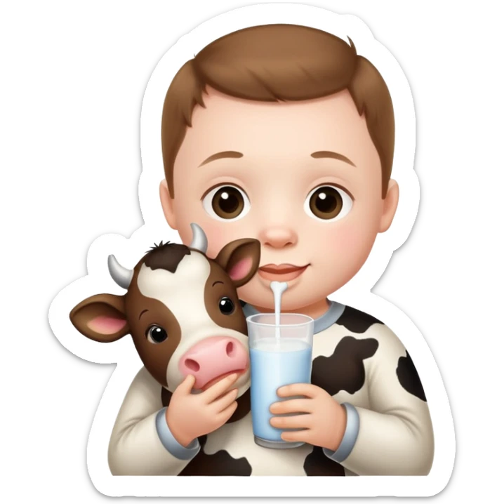 Down syndrome kid holding a moo moo cow that’s drinking moo moo cow milk sticker