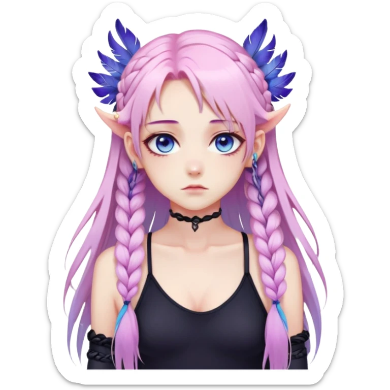 Gorgeous beautiful pretty grumpy anime lady long-pale-whitish-pastel-pink-hair with one braid on each side, hanging gradient-purple-pink feather-ear-cuffs on each side in hair, black bodysuit covering neck, blue eyes, pink iris, ethereal, fashion aesthetic  sticker