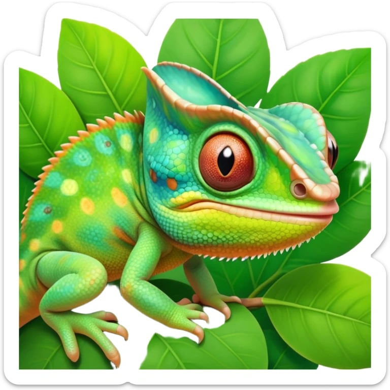 cinematic cute-smiling baby chameleon-realistic emoji,-blending-with-vibrant-greenery.-detailed-scales-in-shifting-colors,-showing-the-chameleon’s-ability-to-camouflage.-soft-natural-light-highlights-its-texture.-light-background, zoomed into its face sticker