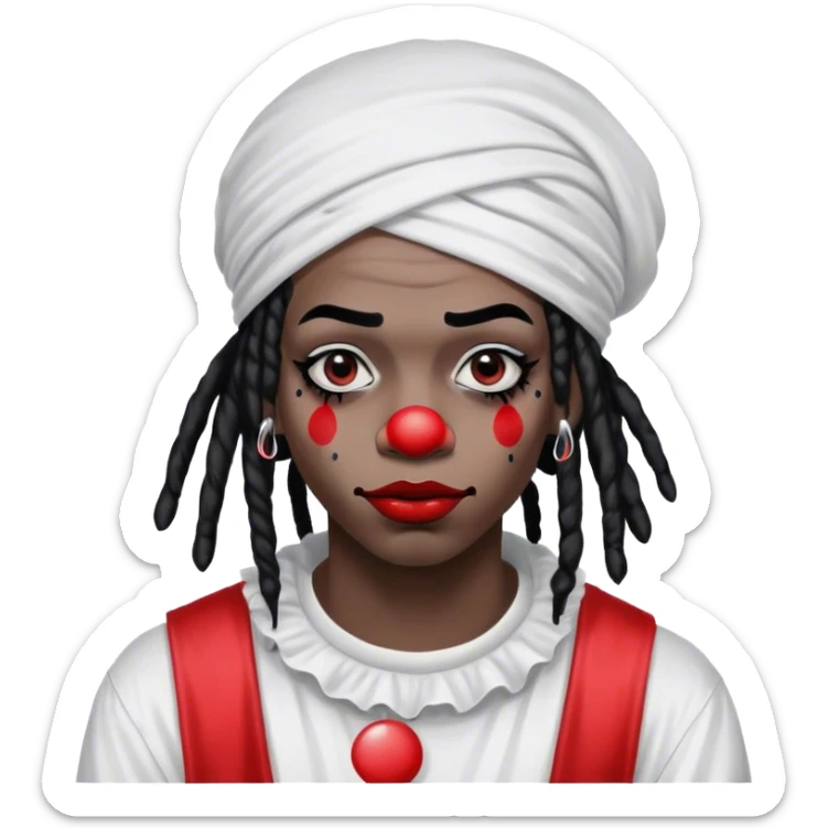 black emo rapper with clown paint with red lipstick, black circles in eyes and face, white paint dreads and a durag sticker