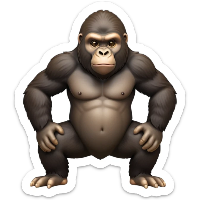 cinematic-gorilla-realistic-full-body-on-all-fours-emoji,-exuding-strength,-thick-dark-fur-in-the-light,-head-tilted-dramatically,-deep-friendly-eyes-filled-with-intense-intelligence,-simplified-yet-realistic-focused-features,-highly-detailed, zoomed out friendly  sticker