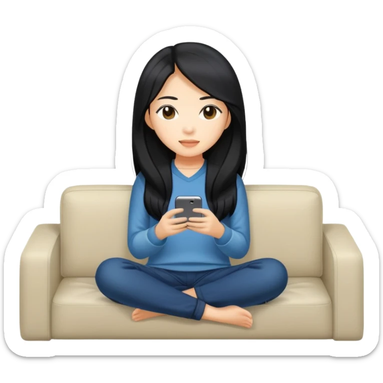 A slightly lighter-skinned Asian woman with long black hair sitting on a sofa sticker