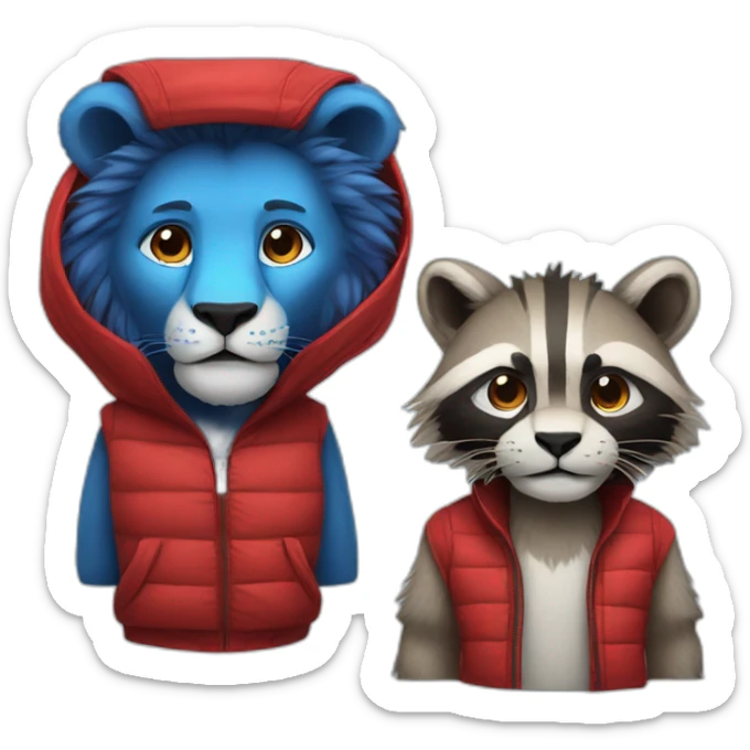 a lion and a raccoon with blue and red combined clothing sticker