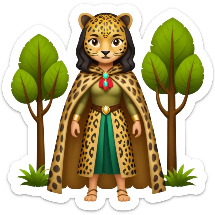 forest sticker character, latina woman dressed as jaguar spirit, spotted cloak, confident stance sticker