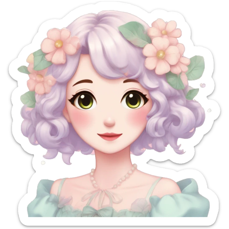 Gorgeous pastel anime style lady with blushing face and flowers cottagecore fairycore pastelcore colorful pearly romantic simplistic aesthetic trending style sticker