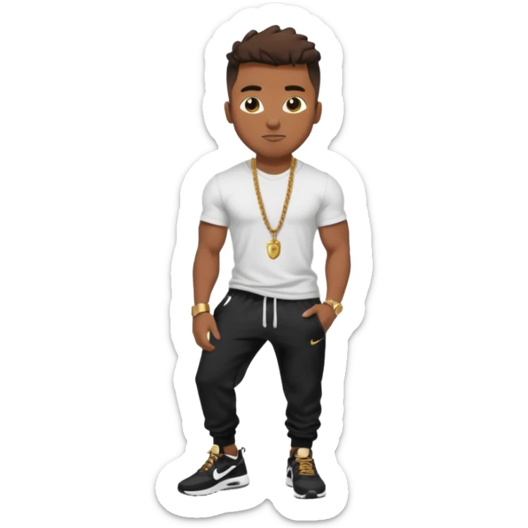 Handsome Black guy with brown skin tone, with muscular build, wearing black sweatpants, a white t-shirt, black Nike air max, a gold rope chain, and a gold watch  sticker