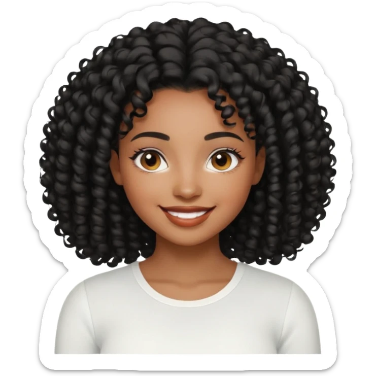 a young woman.She has voluminous, curly black hair that frames her face beautifully. Her skin tone is black light and glowing, and she has a subtle, natural makeup look. She’s smiling softly at the camera. She is wearing a white top sticker
