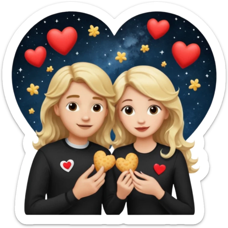 Couple with blonde hair wearing black eating chick filet hearts and outer space in the background. The girl has long wavy hair . sticker