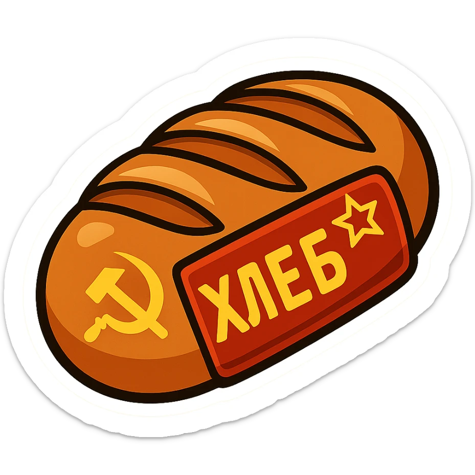 Create a cartoon sticker-style emoji of a Soviet bread loaf inspired by the reference image. Add red and gold Soviet iconography, such as a small hammer and sickle or red star, and simple Cyrillic text. No real brand names, just a generic USSR look. The style should resemble a cartoon sticker with bold outlines and vibrant colors. sticker