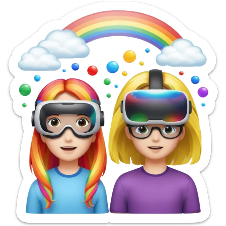 Human girl and boy Show a VR headset or AR glasses, symbolizing the immersive hair experience. Include virtual objects or a 3D scene floating in the air in front of rainbow Make the background transparent. sticker