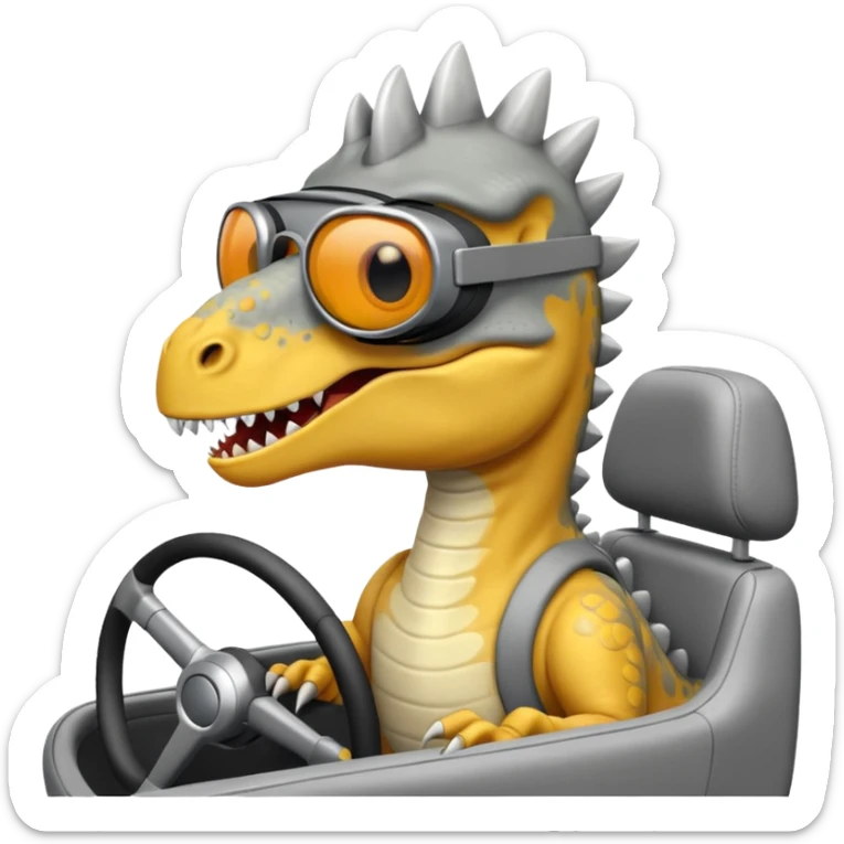 Dinosaurio  gris subido en un carro blanco tecnológico con lentes de realidad virtual sticker
