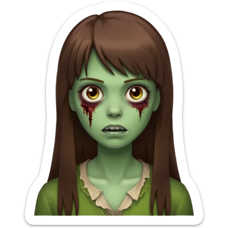 Zumbi feminino, de pele verde, cabelo marrom, longo, liso e castanho com franja sticker