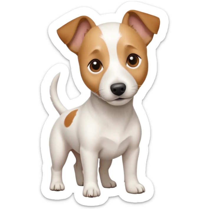 a full body white jack russel looking dog the size of a kelpie with light brown ears and a light brown patch on one eye and a large snout sticker