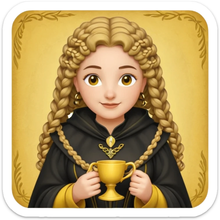 Helga Hufflepuff, 2 curly thick brown braids, yellow-black medieval dress, black cloak decorated with gold braiding, tiny two-handled shiny yellow-gold cup, very kind smile, curvy busty sweet woman, thick rosy cheeks sticker