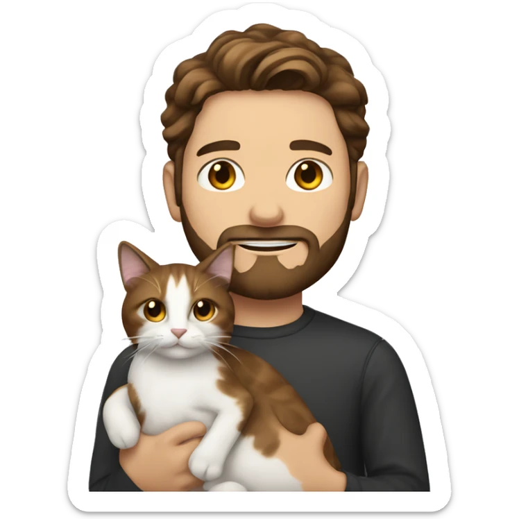A white man with dark brown hair and beard holding calico cat sticker