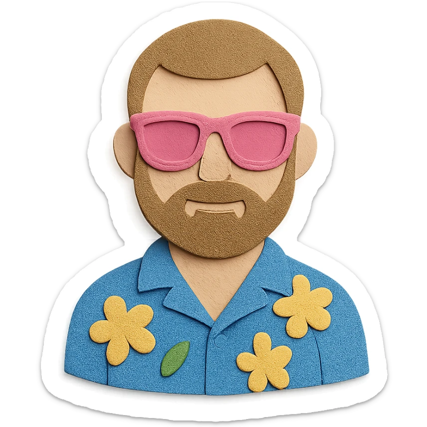 man with light skin tone, short light brown hair and beard, wearing a Hawaiian shirt and pink glasses sticker