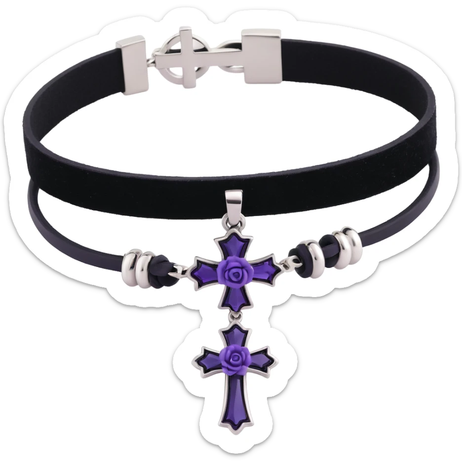 gothic bracelet with black velvet band, silver cross charm, purple rose accent, ornate and dark, matching the choker and earrings sticker