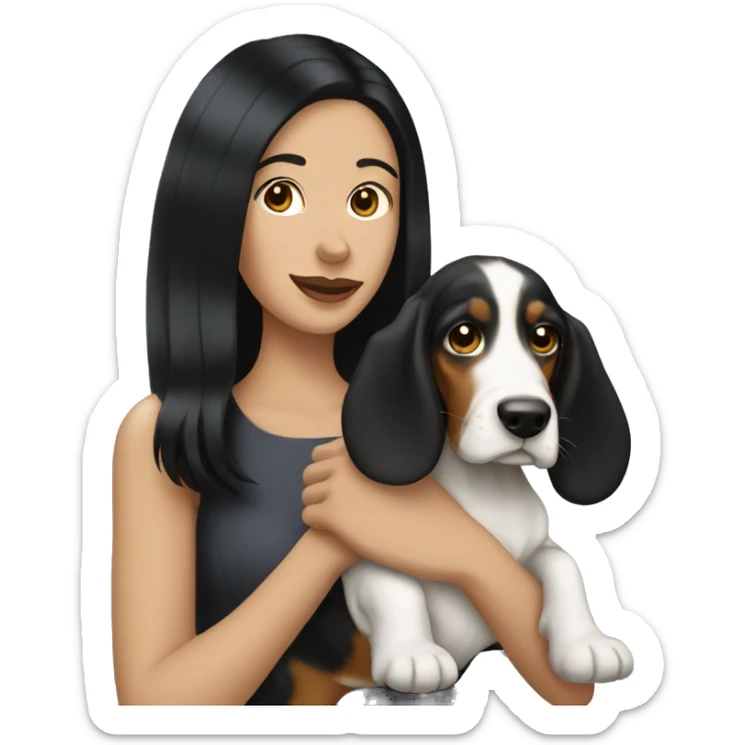 pale lady with black hair holding a basset sticker