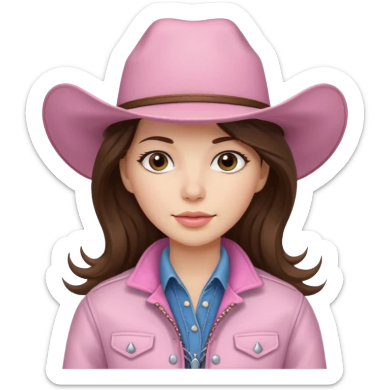 Brunette long hair cowgirl with soft pink hat an jacket sticker