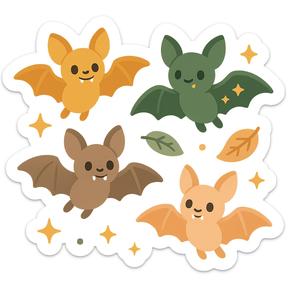 A group of cute, flying bats with a soft and magical aesthetic, illustrated in a warm color palette: golden orange (FA9B41), deep forest green (4A7C5C), muted taupe brown (96775A), and pastel peach (FFCC9A). Each bat has round, friendly eyes, small fangs, and gentle wing shapes with whimsical patterns or tiny stars. Their fur and wings are colored in soft combinations of the given tones, giving them a cozy, storybook-like charm. They fly playfully through a softly glowing night sky with sparkles or floating leaves, creating a dreamy, enchanting atmosphere. The mood is cute, calm, and a little magical sticker
