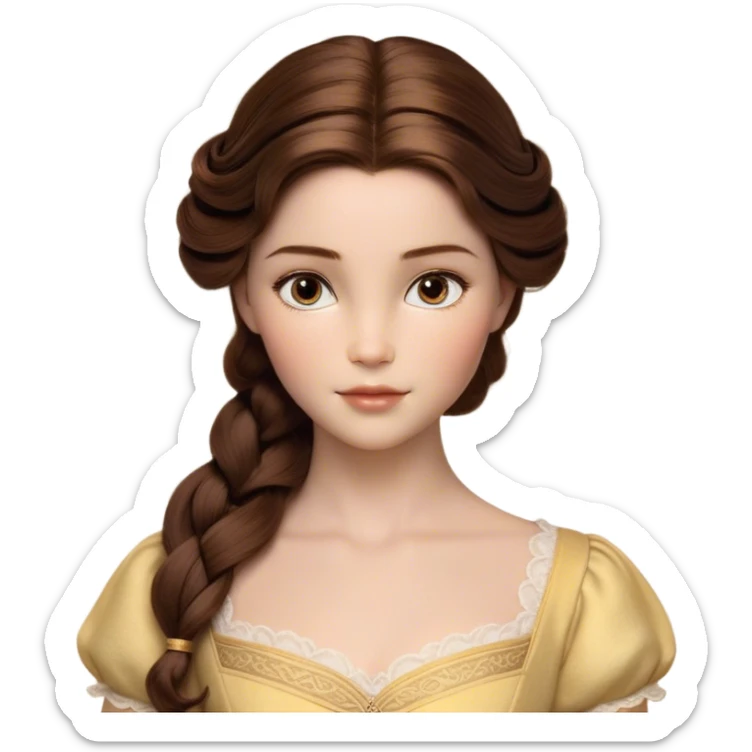 Cinematic Realistic Belle Portrait, depicted with lifelike skin texture, soft natural lighting, and intricately detailed brown hair styled elegantly. Her deep, expressive eyes exude warmth and intelligence, complemented by a serene and graceful expression. She is dressed in her classic attire, with rich fabric textures and delicate folds that catch the light beautifully. The portrait features a soft, enchanting glow with a natural, radiant finish, capturing the essence of timeless beauty in a realistic and painterly style, evoking a sense of depth and authenticity. sticker