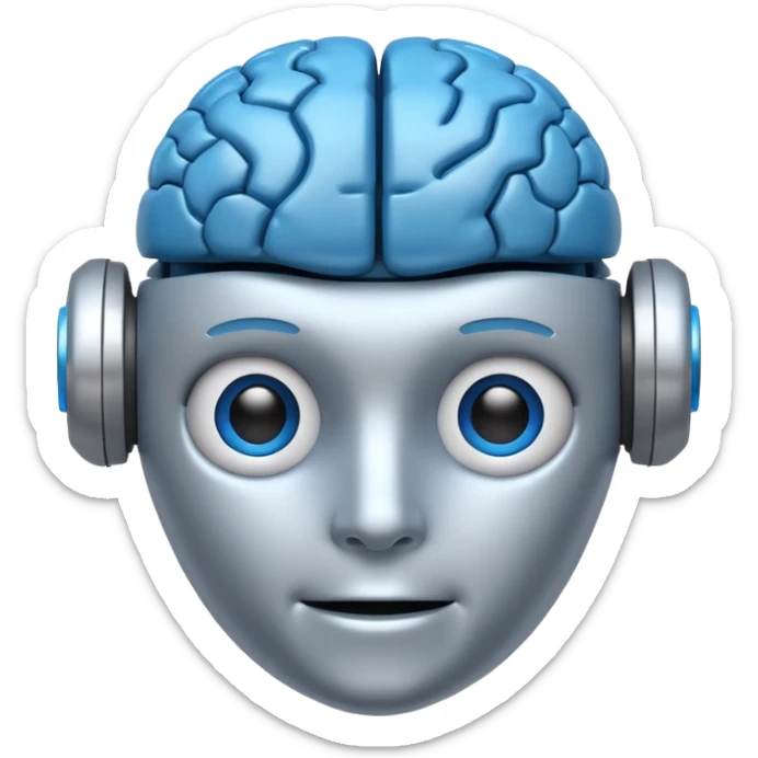 A simple emoji of a friendly robot head with a visible human brain on top, symbolizing learning AI, emoji style sticker