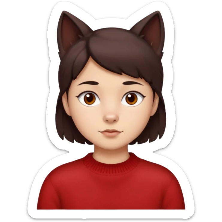 make a girl that has a boyish wolf cut thats right above the shoulders, give her a red sweater and make her face just right chubby but slso not too chubby. ( make it a white background and make the hair dark brown and also the eyes dark brown ) sticker