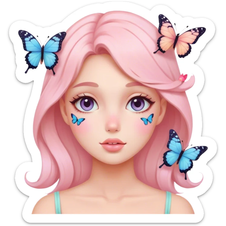 Gorgeous pastel lady with blushing face and butterflies aesthetic trending style sticker