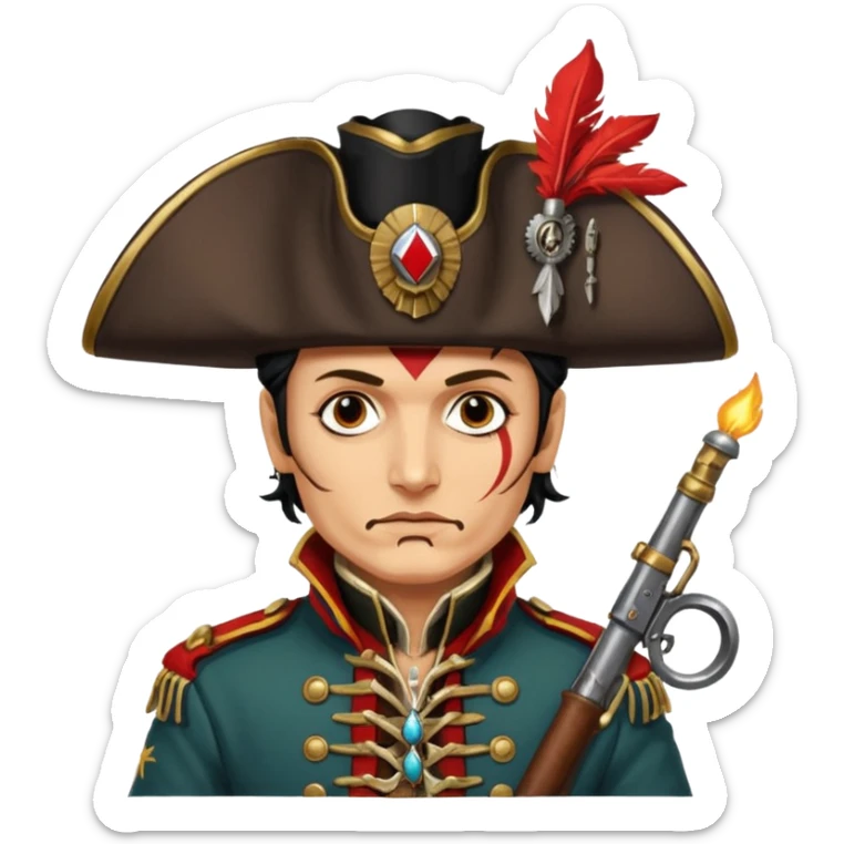 Adam Ant  painted with Indian war colors  is wearing a Hungarian Hussar'S JACKET, holds two firelocks-steam punk in his hands sticker