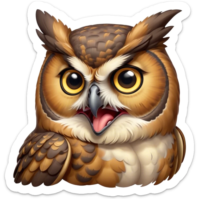Cinematic Cute Yawning Great Horned Owl Portrait Emoji, Head tilted slightly with a dramatic, wide-open yawn, showcasing a soft, downy mottled plumage with gently drooping feathers, round golden eyes barely open in drowsy contentment, Simplified yet irresistibly adorable features, highly detailed, glowing with a soft, cozy glow, high shine, relaxed yet expressive, stylized with a touch of nocturnal whimsy, bright and endearing, soft glowing outline, capturing the essence of a sleepy yet affectionate owl, so drowsy it feels like it could glide out of the screen and curl up for a nap! sticker