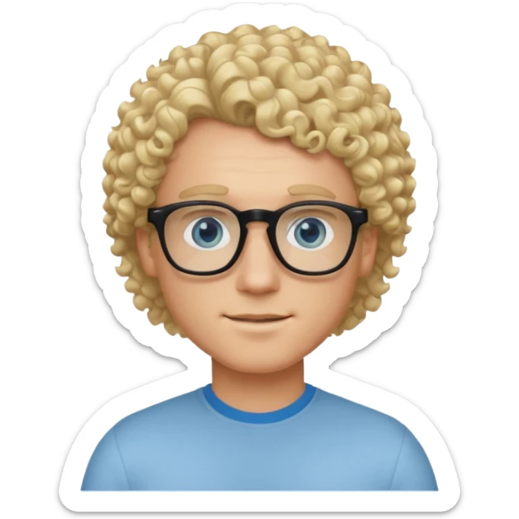 white guy with curly blonde hair that's not too long and light blue ish eyes with black glasses  sticker