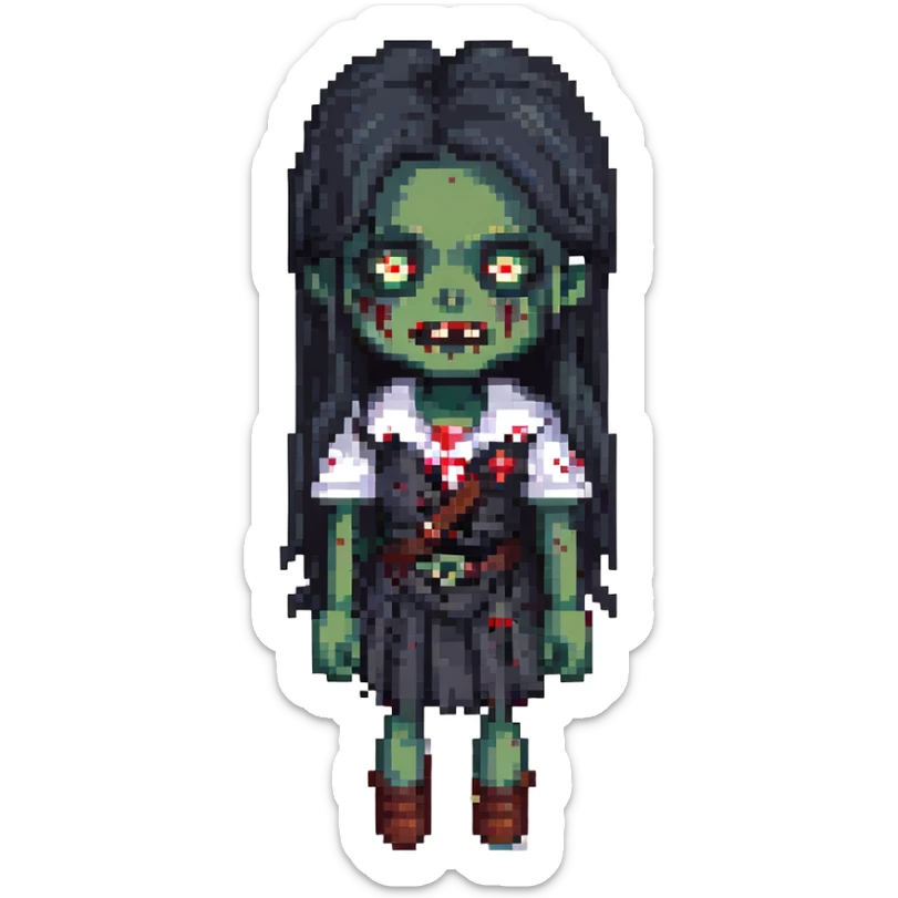 girl zombie with black long hair with teeth and serious face sticker