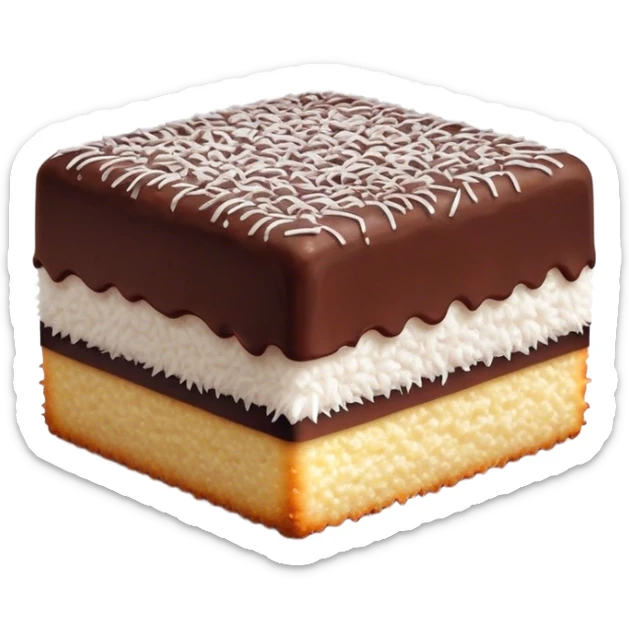 Lamington Cinematic Realistic Lamington Dessert Emoji, depicted as a sponge cake square coated in chocolate and dusted with coconut on all sides, rendered with lifelike textures and vibrant, tropical lighting. sticker