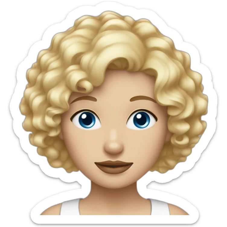 Blond woman with curly hair, blue eyes and a westie  sticker