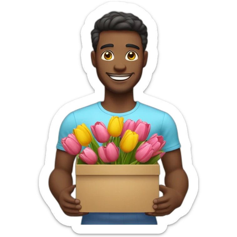 The man holds a decorative box in which tulips and smiles lie. The man has a beautiful smile skin white sticker