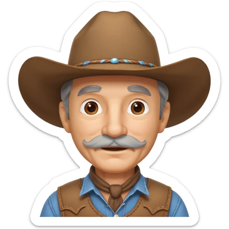 cute old cowboy portrait, head and shoulders only, cowboy hat, grey mustache, wrinkles, warm smile, western outfit, 3D cartoon, mobile game icon style, clean background, no text, no watermark
 sticker