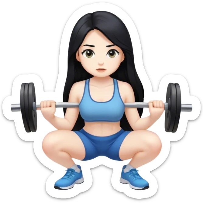 Pale girl with long black hair squatting weight sticker
