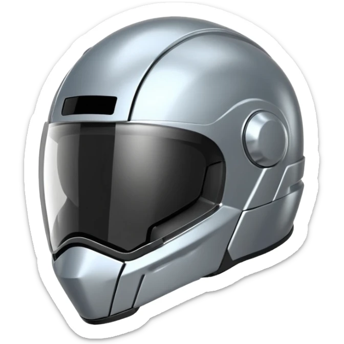 A futuristic helmet emoji made of silver chrome, smooth aerodynamic shape, minimal visor detail, reflective metallic surface, sci-fi aesthetic, iOS emoji style, centered on clean white background sticker