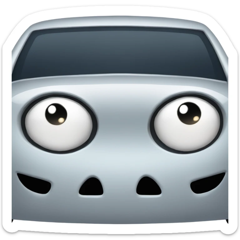 Cartoon emoji-style car with teardrop-shaped headlights and sad eyes on the windshield. sticker