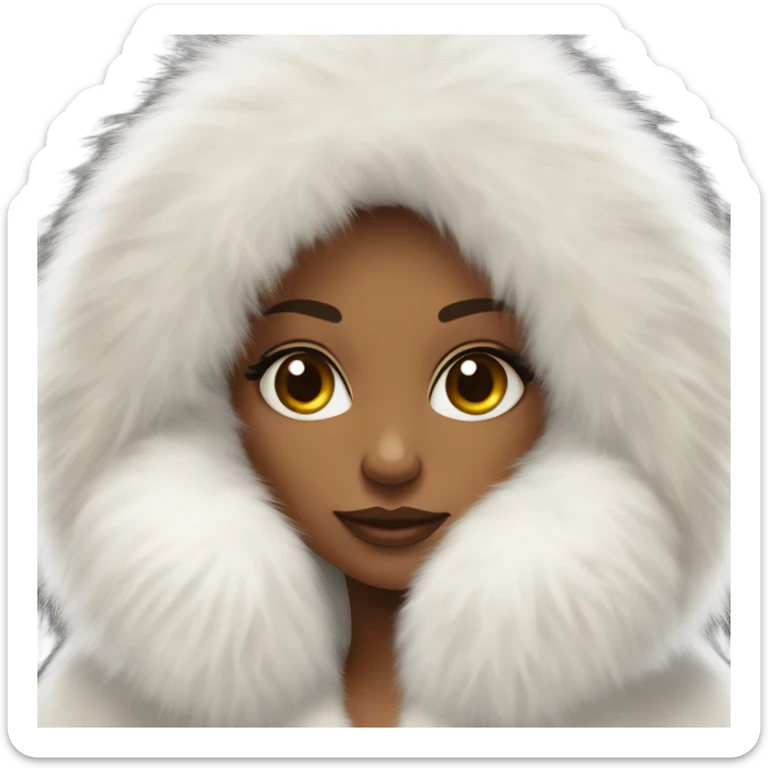 Tanned Girl with lashes ,  in an extremely big fluffy oversized white fur coat with hood on. The fur is real and it’s very obvious big and fluffy like in Pinterest  sticker
