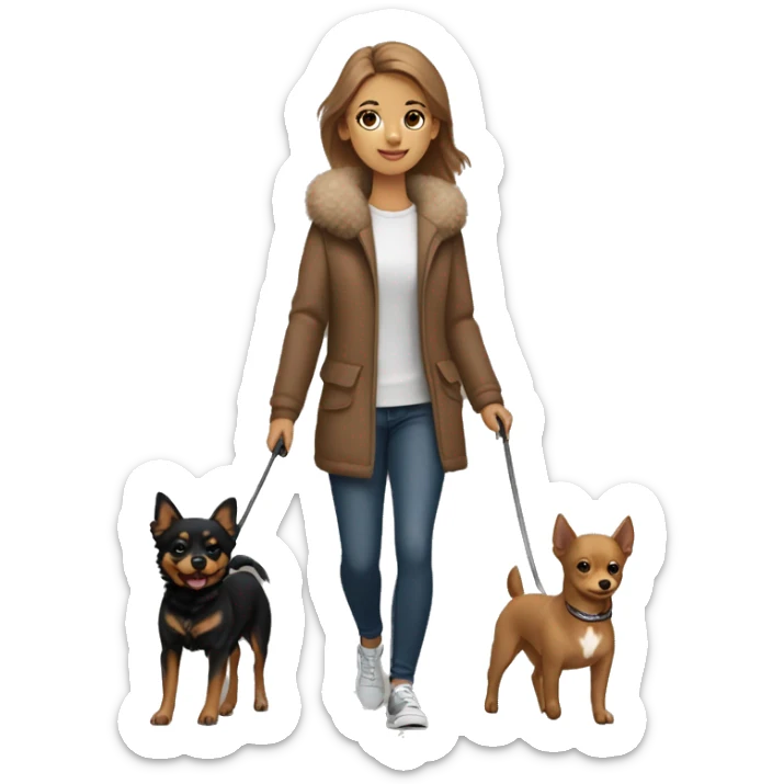 A light brown haired girl, walking one mini black and tan miniature Pinscher and one big fluffy light brown Spitz on the lead sticker
