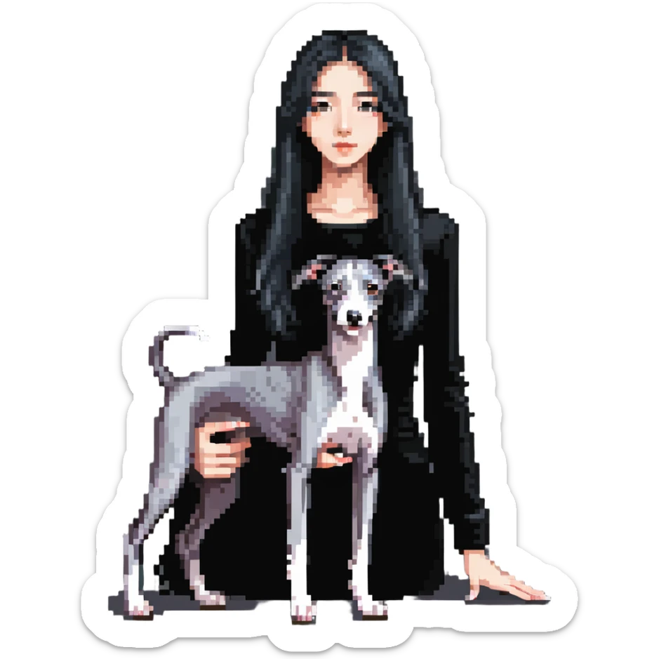 Slim Chinese girl with long black hair and her completely solid grey Italian greyhound in a cozy home setting with a fireplace, no white markings on the dog sticker
